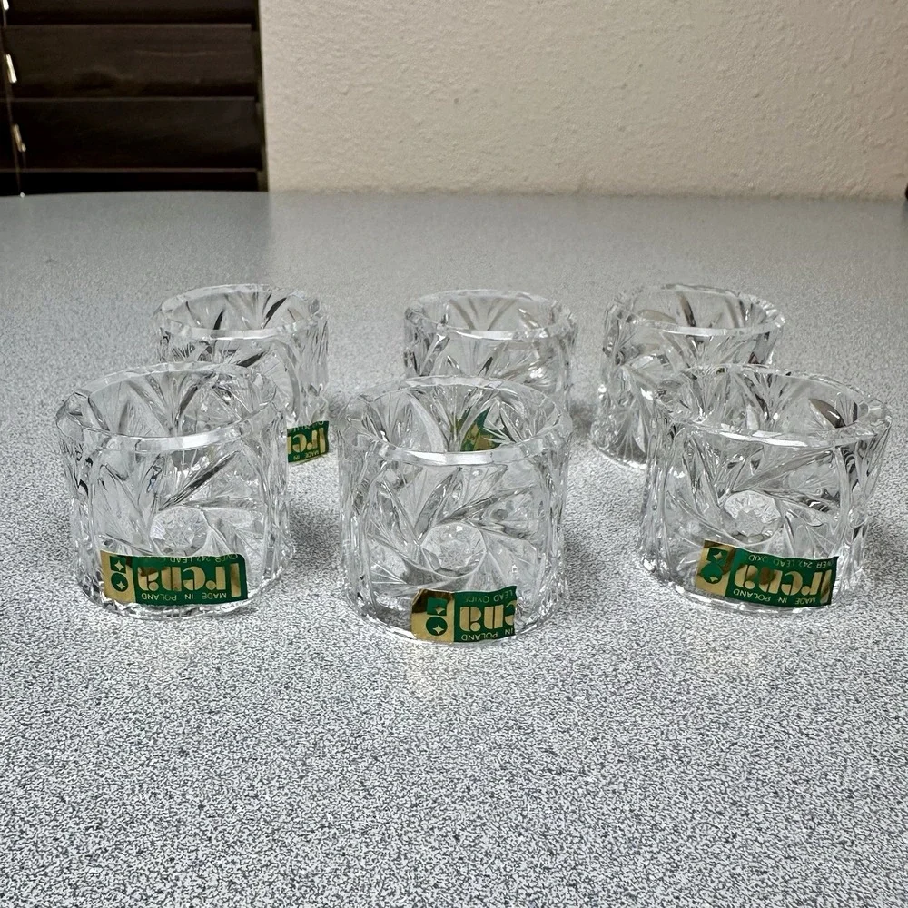 Set Of 6 Irena Crystal Napkin Holder Ring Pinwheel Starburst Poland Tablescape